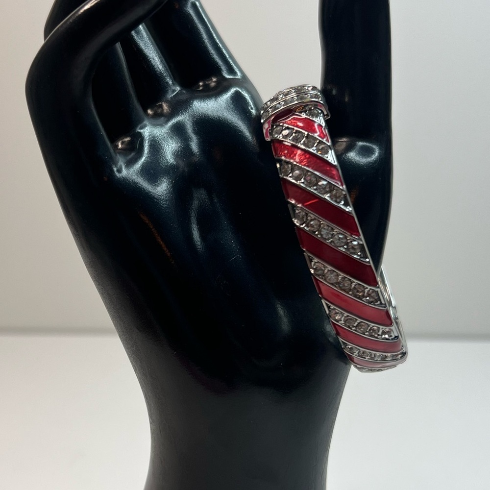 Rhinestone Candy Cane Bangle Bracelet | Silver Tone Red Enamel